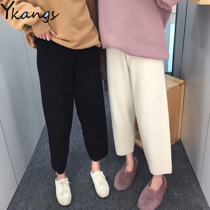 

woolen solid color straight casual all-match pants women's gentle loose Autumn and winter Korean style high-waist Harem pants