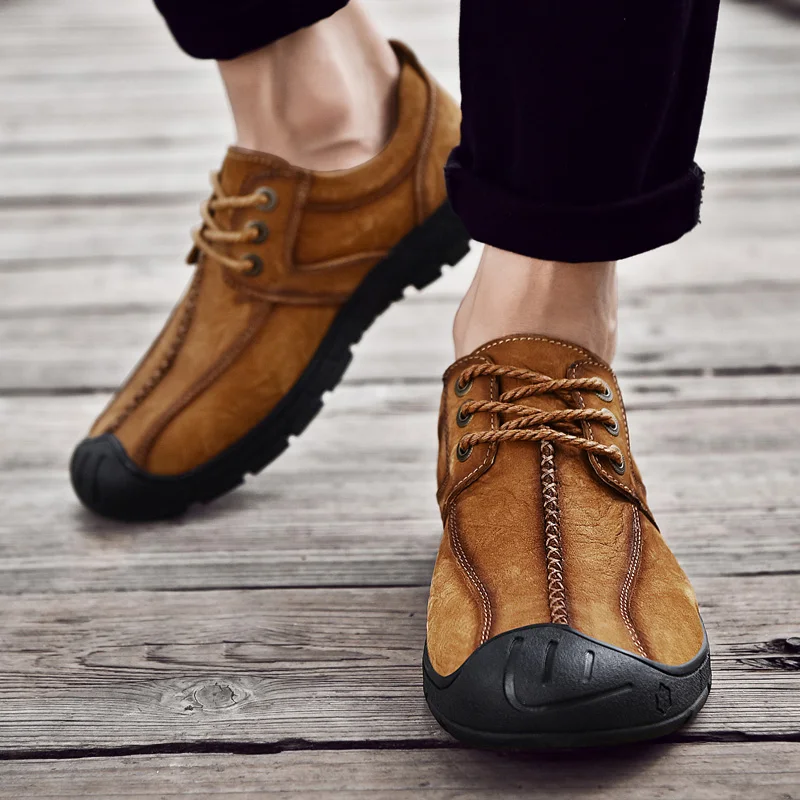 Handmade Genuine Leather Men Shoes Lace-Up Outdoor Casual Sneakers Thick Bottom Stitch Non-Slip | Обувь