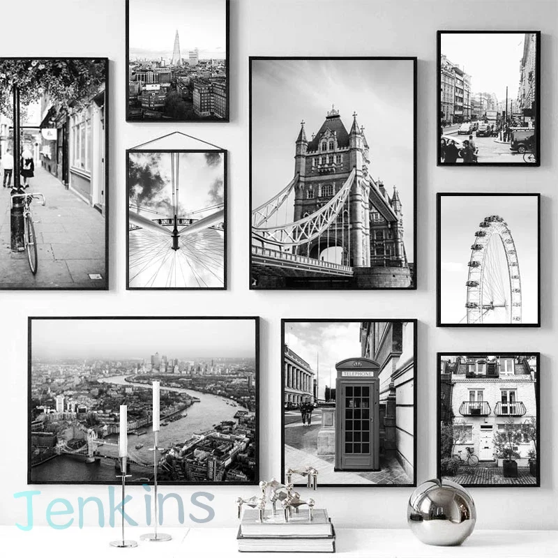 Черно-белый Лондонский пейзаж озеро небо колесо плакат и печать настенная