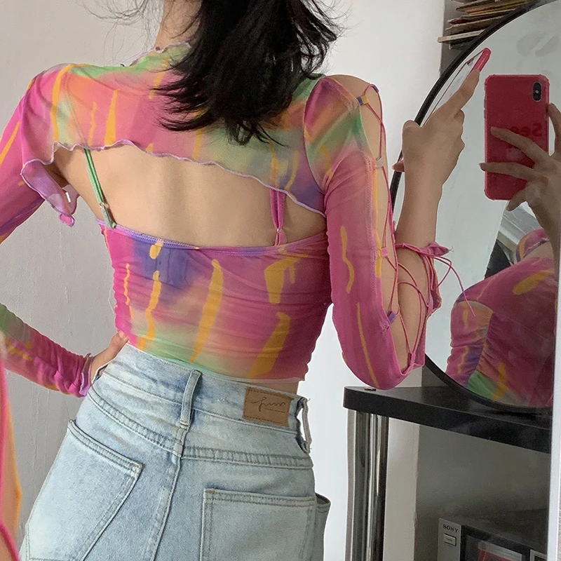 

2021 Spring Full Hollow Out Sleeve T-shirts And Printed Mesh Fashion Camis Women's Two-piece Suit Crop Tops For Female