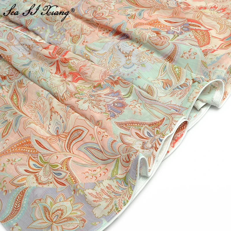 

Seasixiang Fashion Designer Summer Dress Stand Collar Lantern Sleeve Single Breasted Vintage Flower Print Loose Dresses 2021 New