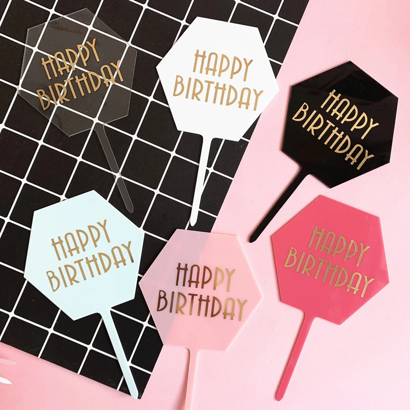 

Birthday Baking Cake Decoration Plug-in Hexagon Happy Birthday Letter Cake Insert Hot Stamping Birthday Dessert Plug-in