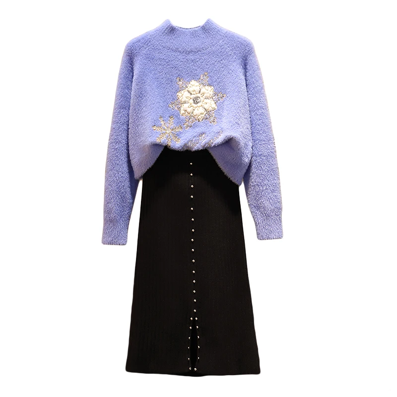 

New Winter Autumn Sizes L-4XL Floral Style Embroidery Knitting Sweater Hoodies Cutout Skirt Knitted Suits 2 Pcs Clothing Set