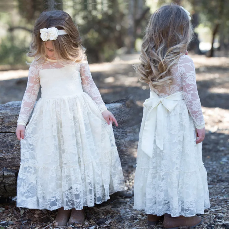 

Children's Clothing Lace Rose Embroidered Princess Dress Girls Long-Sleeved Cute Bow-knot Belt Dress