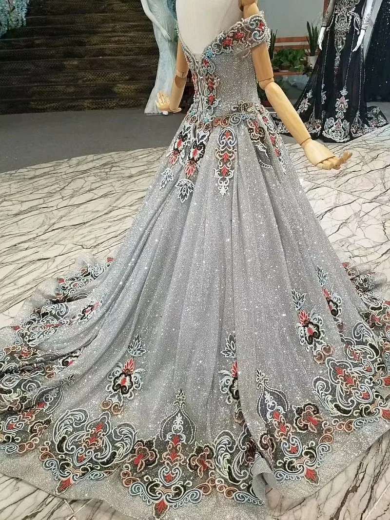 BGW 31123ht Grey Shiny Mother Of Bride Wedding Party Dresses Off Shoulder Sweetheart Bling A-line Evening Dress With Brush Train | Свадьбы и