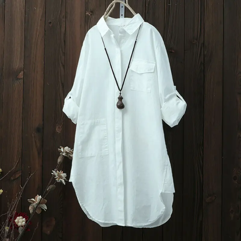 

New Fashion Women Ladies Autumn Long Sleeve Button Plain Shirt Blouse Casual Loose Baggy Tunic Tops Black Green White