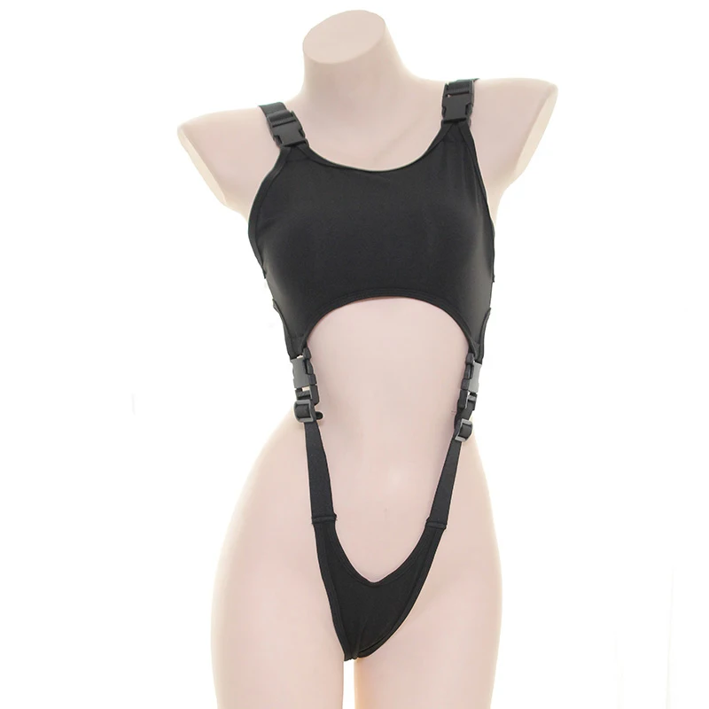 Комбинезон женский черный с пряжкой вырезами в стиле аниме для косплея