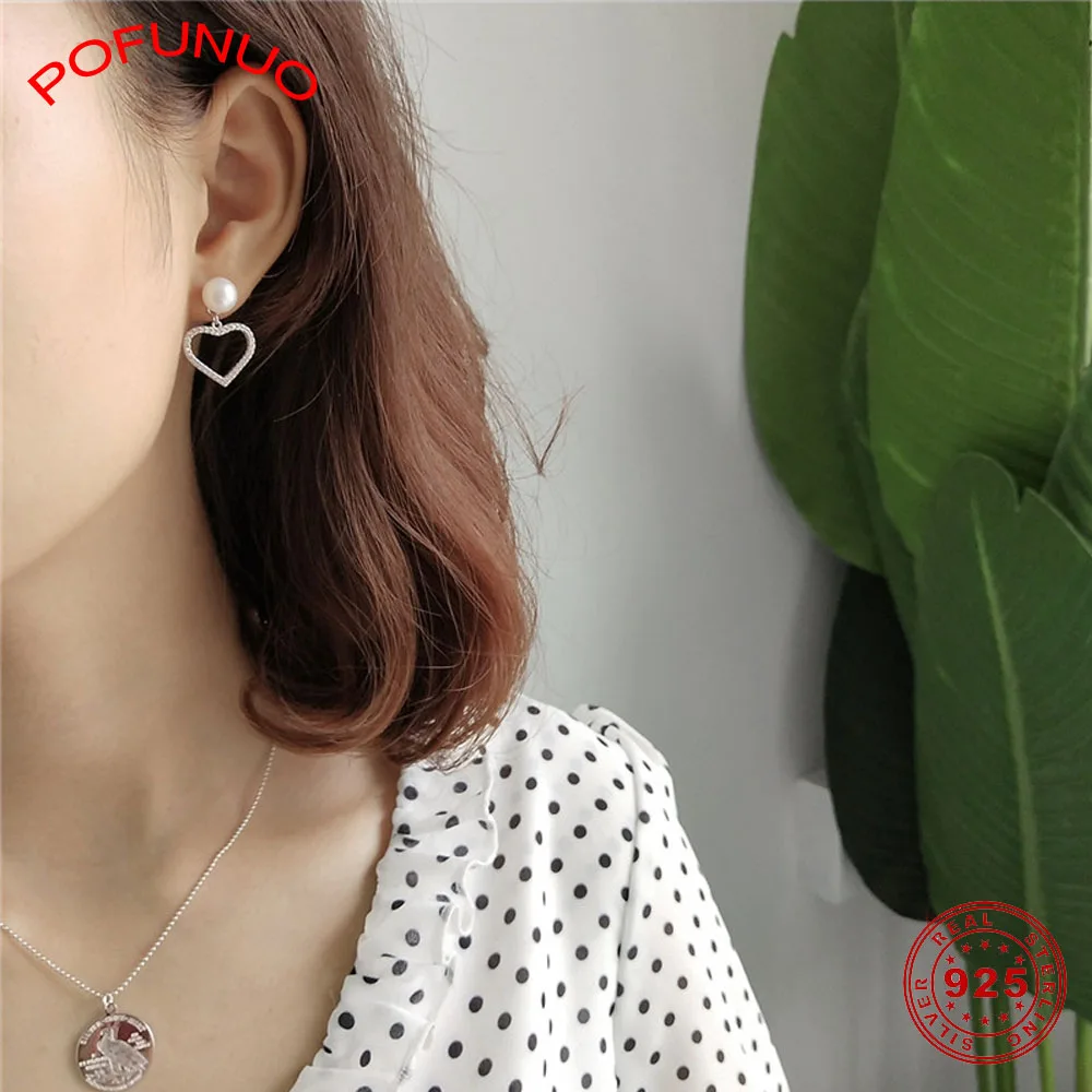 POFUNUO 925 пробы серебряные женские красивые жемчужные серьги с сердцем для