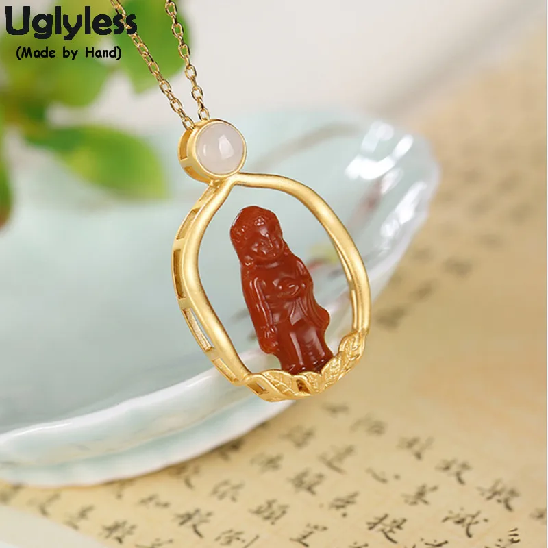 

Uglyless Lotus Table Agate Buddha Necklaces for Women Real 925 Silver Plate Gold Pendants + Chains Buddhistic Fine Jewelry P1096