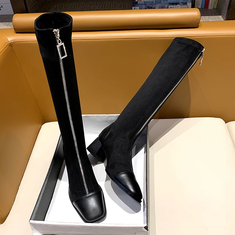 

Женские сапоги до колена на высоком каблуке, с квадратным носком, на молнии