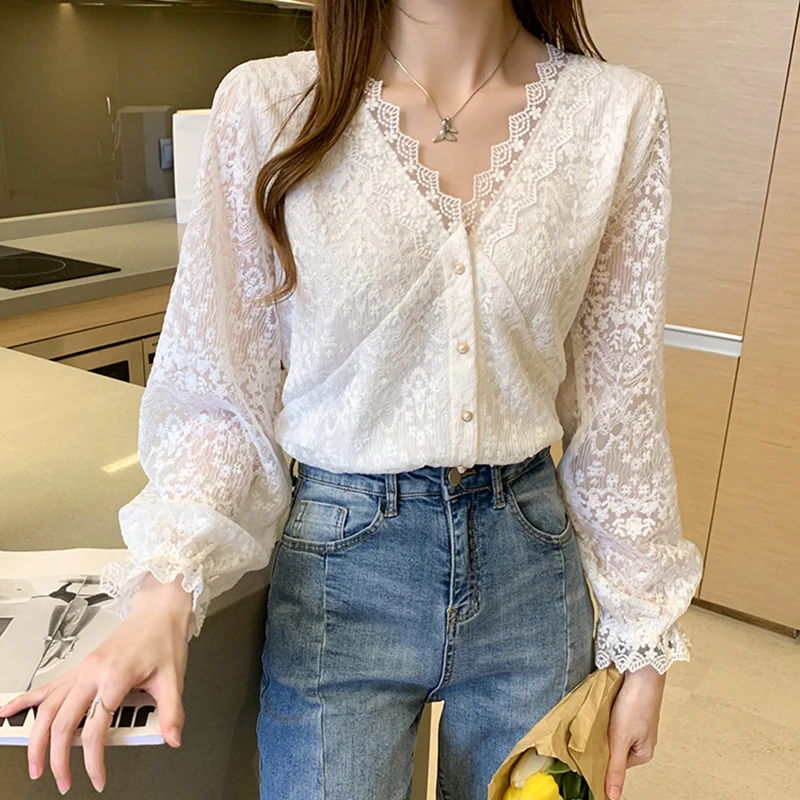 Casual lace V neck long sleeve white patchwork ladies top spring summer shirt fashion blouse women C201