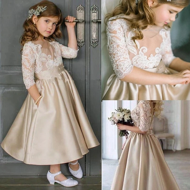 

Champagne Flower Girls Dresses For Weddings 3/4 Long Sleeves Satin Ankle Length Girls Pageant Dresses Children Girls Party Gown