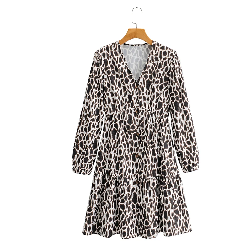 Женское мини-платье с длинным рукавом V-образным вырезом и принтом | Женская