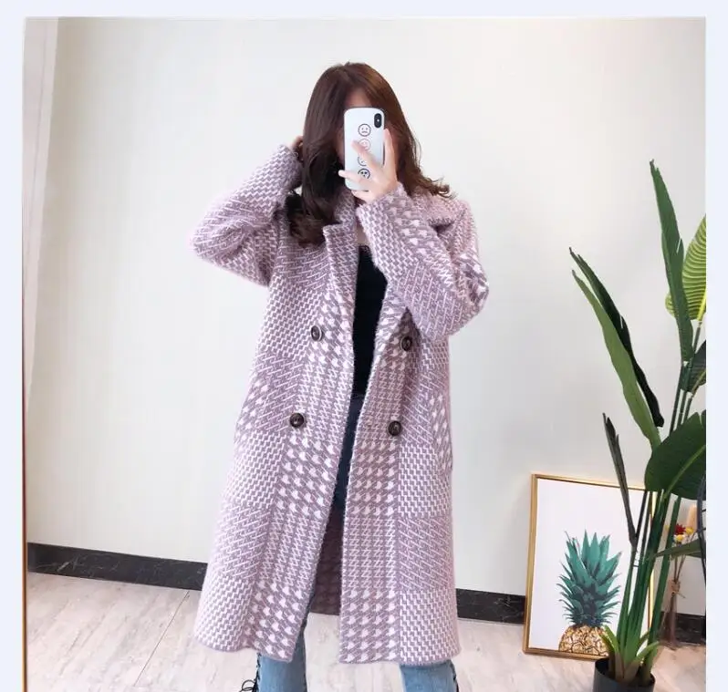 D00776 pink Осень Зима Роскошная длинная норка кашемировый Тренч Куртка женская повседневная черная белая клетчатая куртка толщина теплые куртки с карманами - Цвет: D00776 pink