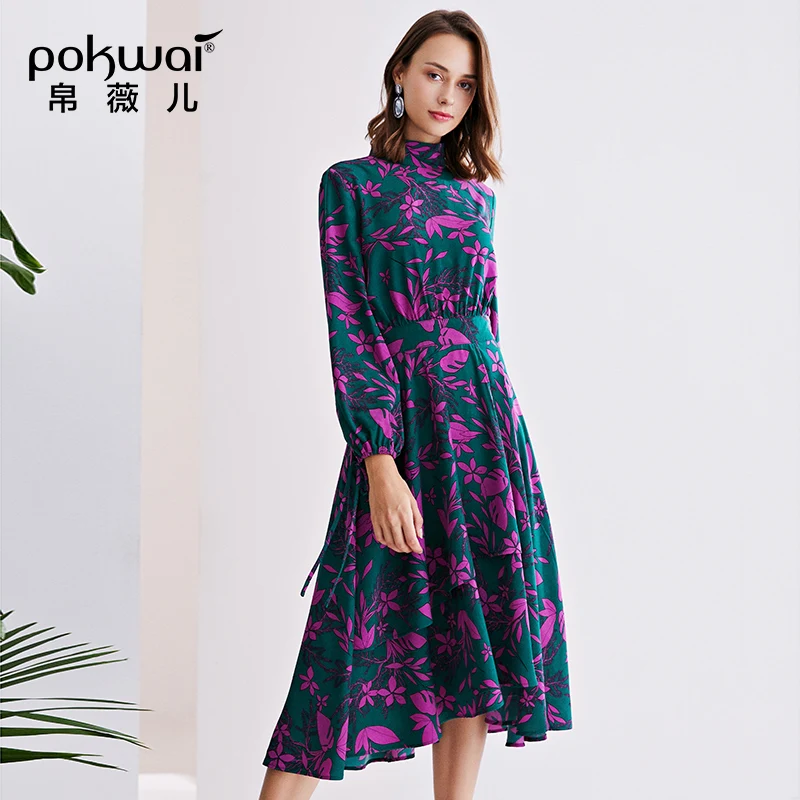 Женское платье с длинным рукавом POKWAI повседневное Цветочное размера плюс