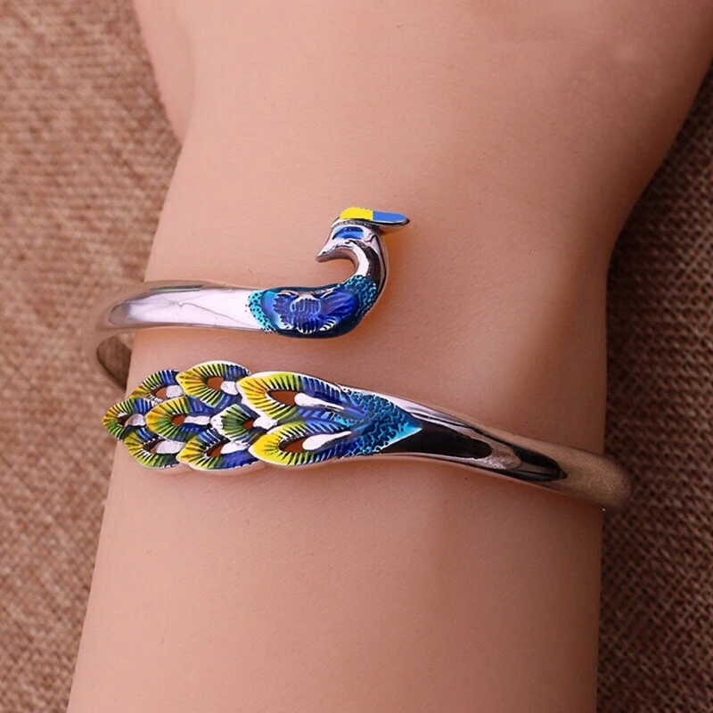 Bracelet For Women Blue Enamel Peacock Phoenix Vintage Ethnic Bracelets Adjustable Bangles Fashion Gift New 2022