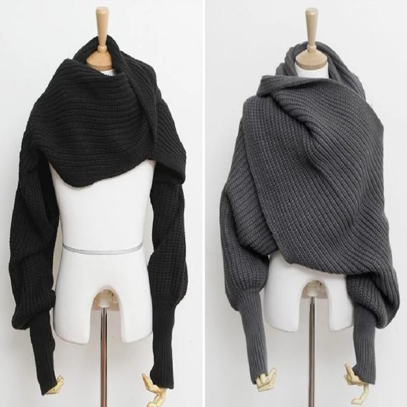

JOYLIVE Autumn scarf blanket Women solid color Knitted Sweater Tops Scarf with Sleeve Wrap Winter Warm Shawl Scarves