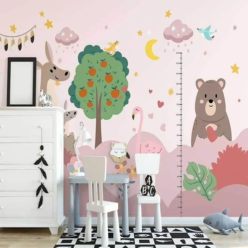 

Photo Wallpaper 3 D Modern Pink Clouds Cartoon Small Animal Children's Room Height Stickers Background Wall Stickers Papel De Pa
