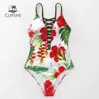 cupshe red floral lace up deep v neck one piece swimsuit sexy open back women monokini 2021 new girl beach bathing suit swimwear