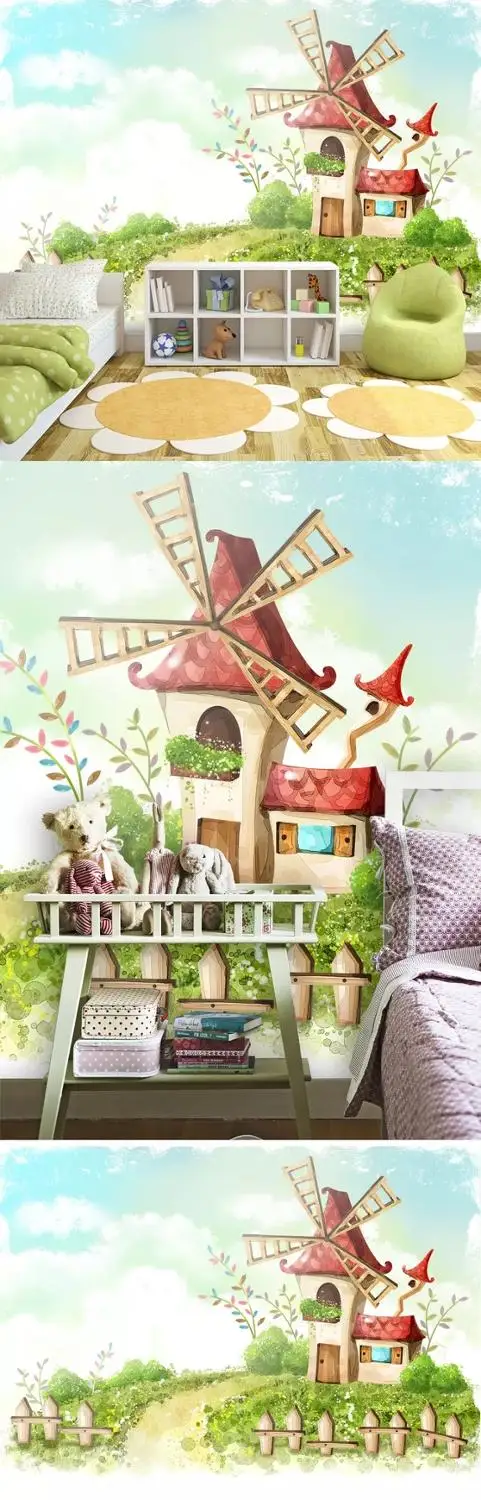 

New Custom 3D Large Mural Wallpaper Original cute cartoon windmill children's room decoration TV Background living Bedroom