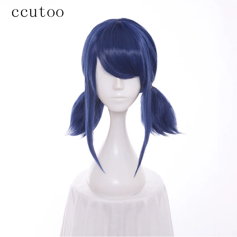 Ccutoo-Peluca de cabello sintético resistente al calor para Halloween, cabellera artificial liso con coletas dobles, color azul, para Cosplay, mariquita y gorro