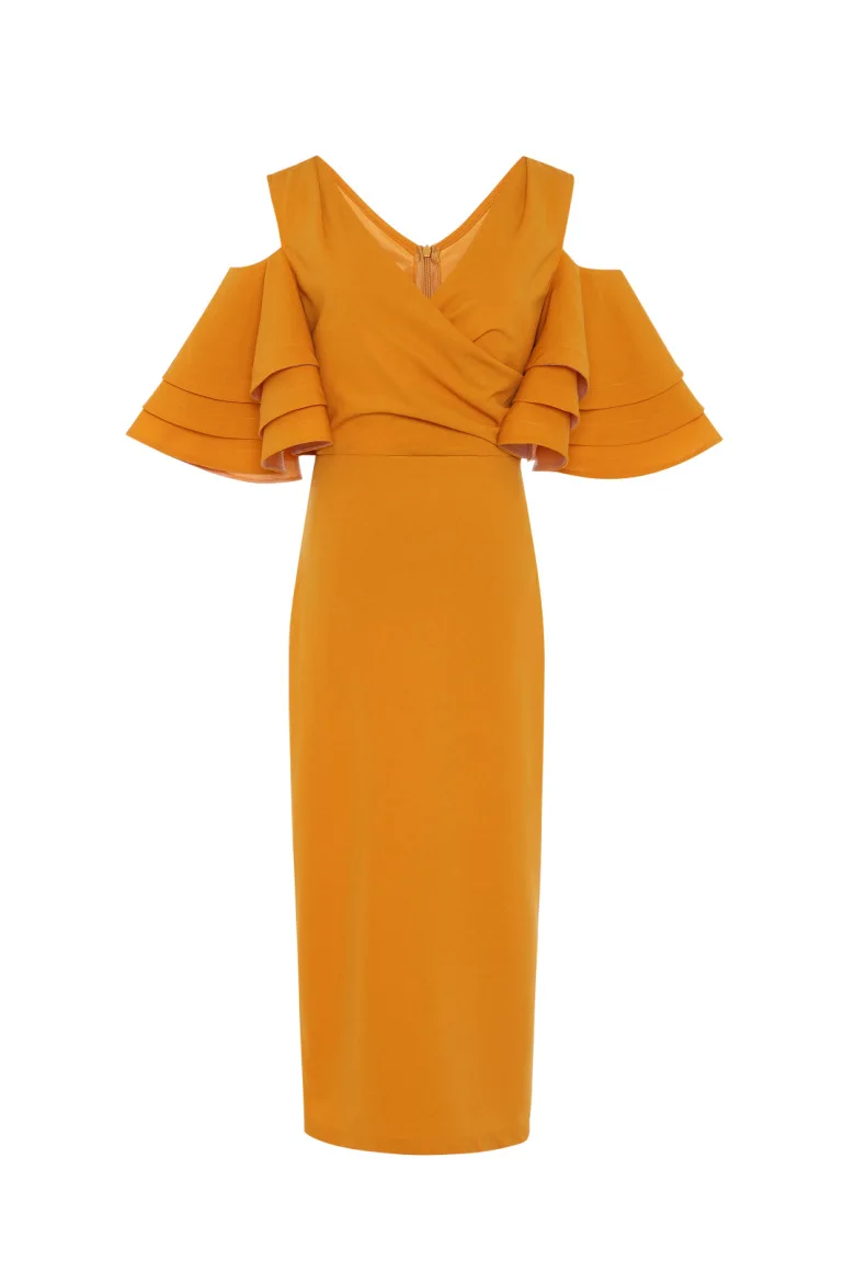 

[DEAT] V-neck Collar Solid Color Cake Ruffle Sleeve Buttock Split Sexy Women Dress Long Sleeve Deep V Neck 2021 Spring GX428