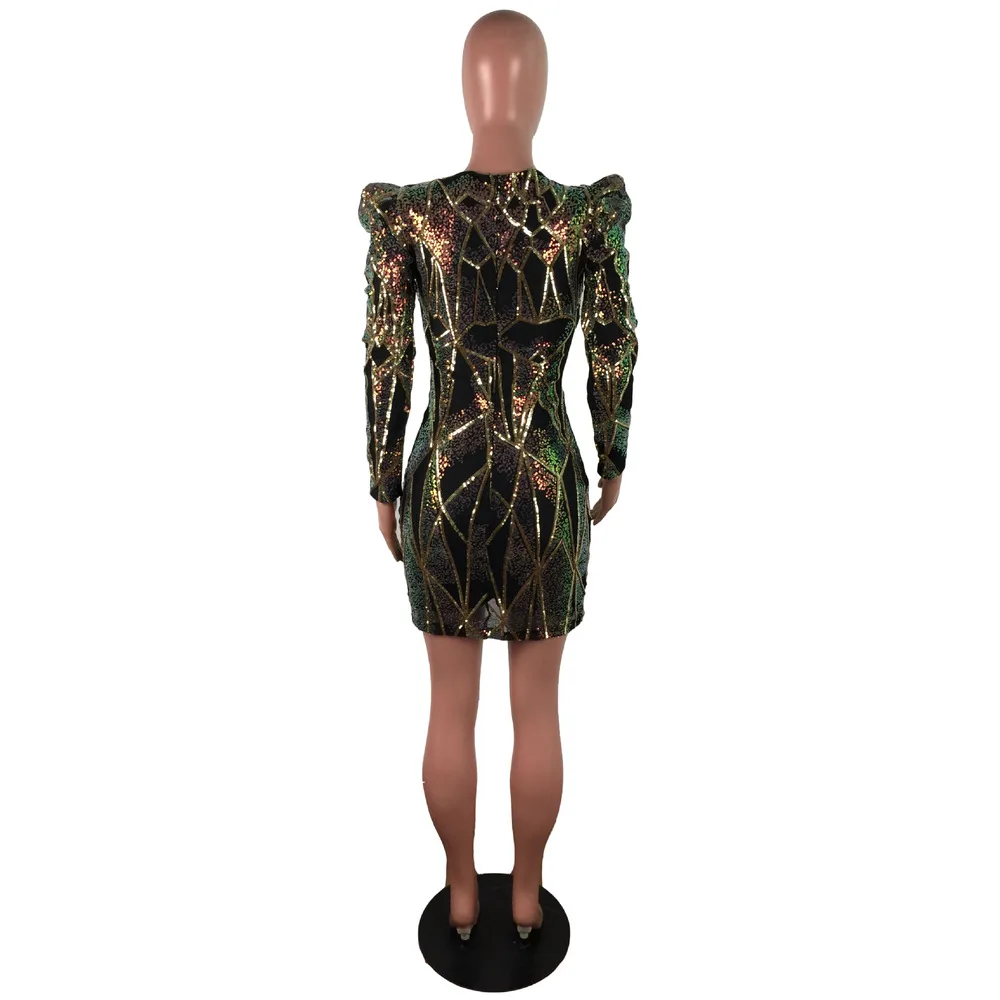 

Geometric Sequined Patchwork Sexy Skinny Dresses Women Square Collar Puff Sleeve Pencil Dress Fashion Birthday Party Mini Dress