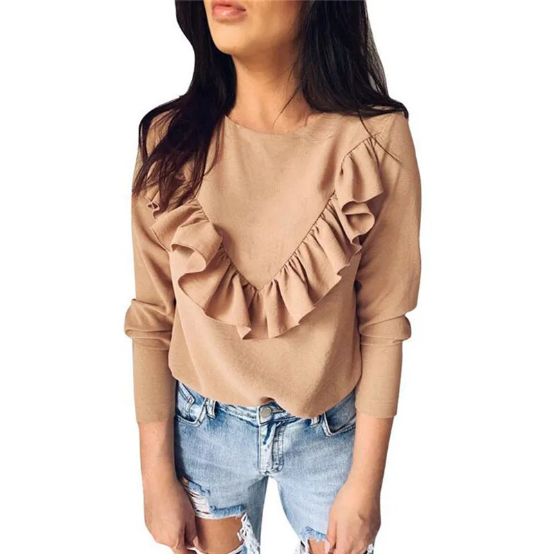 

White Black Khaki Ruffles Patchwork Sweet Women Autumn Tops Loose Casual Shirts Long Sleeve O Neck Female Blouses Office Ladies