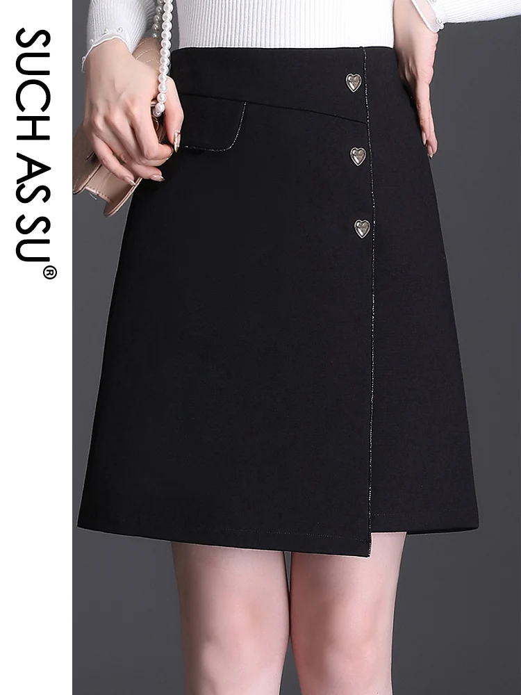 

SUCH AS SU Skirts Womens 2021 Autumn Winter Woven Button Black Slim High Waist Size Female S-3XL Mini Asymmetrical Skirt