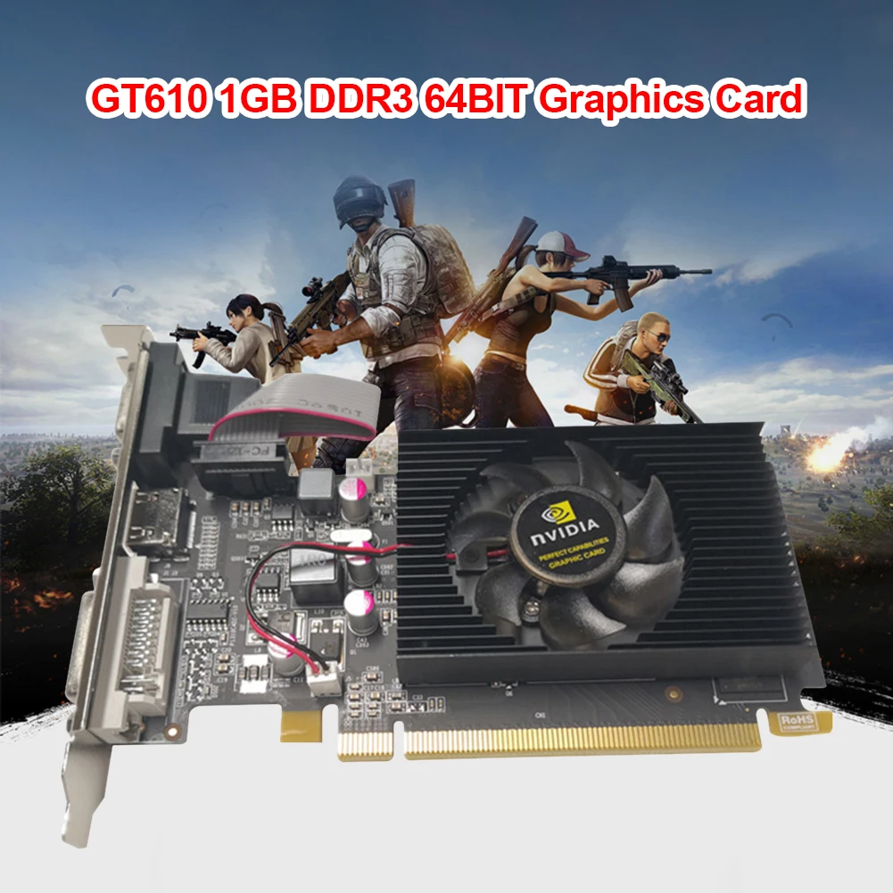 

Original GT610 1GB GDDR3 64bit PCI-Express 2.0 Video Card with Silent Fan 60W HDMI-Compatible VGA DVI Gaming Graphic Cards