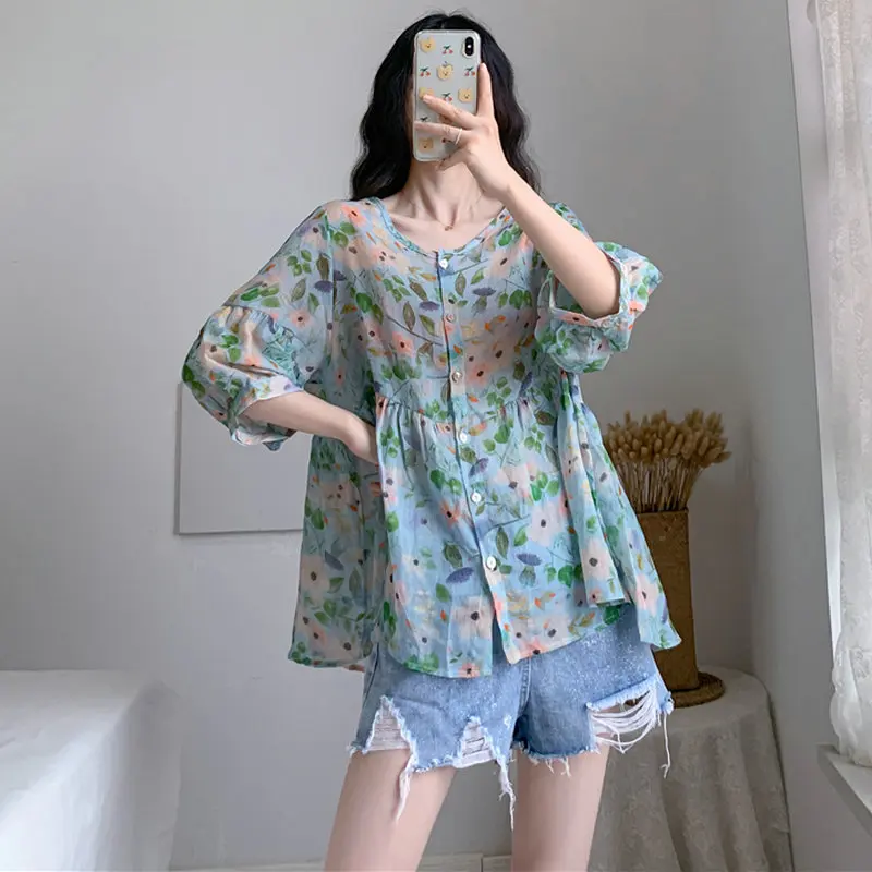 

Women Green Floral Cozy Peplum Blouse Summer Casual Half Sleeve Round Collar Loose Fitting Ovesize Cotton Linen Top Holiday Look