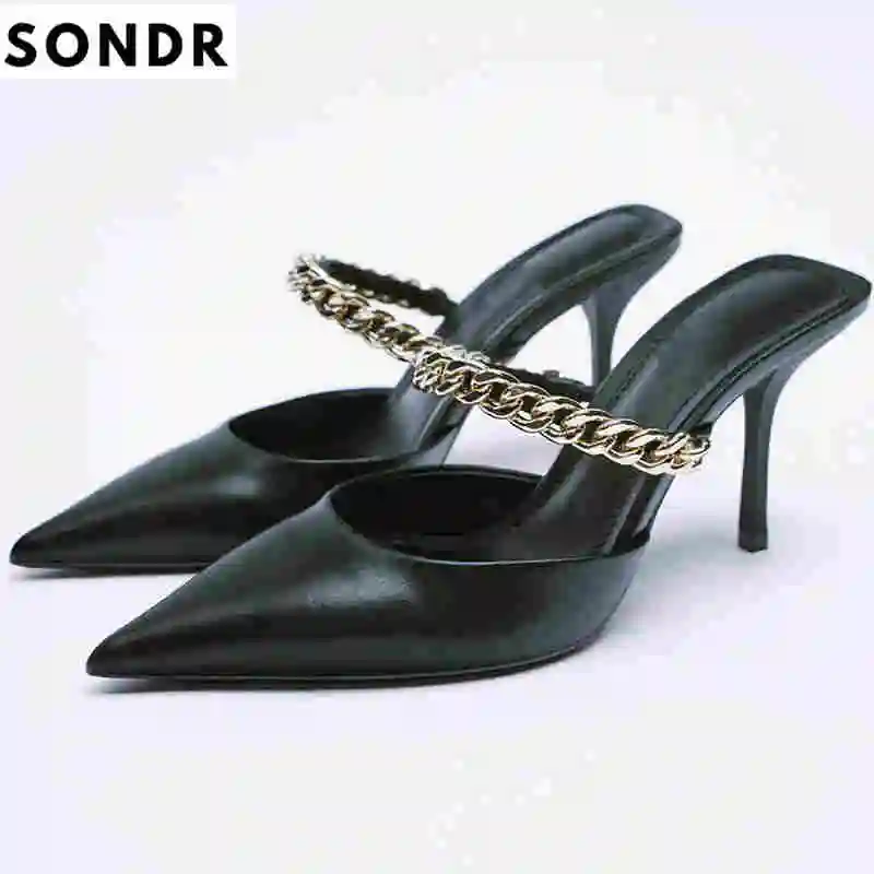 

Super High Heel Mules with Chain Women Casual Black Pu Leather Slingback Heels Fashion Pointed Toe Shoes Sexy Sandals
