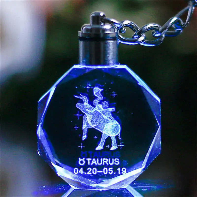 Taurus Брелок с лазерной гравировкой и кристаллами зодиака, брелок для ключей, стеклянный подвесной декор с изменяющимся цветом, светодиодный светильник, брелок для декора, подарки - Цвет: Taurus