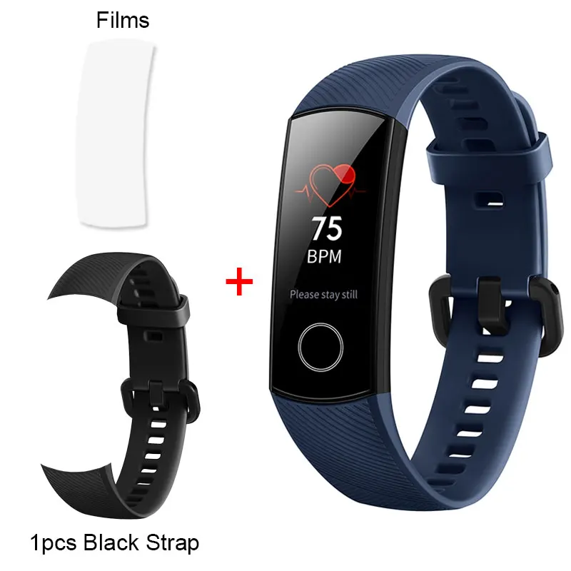 Смарт-браслет huawei Honor Band 4, 0,95, сенсорный экран, обнаружение пульса, мониторинг сна, 50 м, водонепроницаемая, носимая стандартная версия - Цвет: Blue Add Black Strap