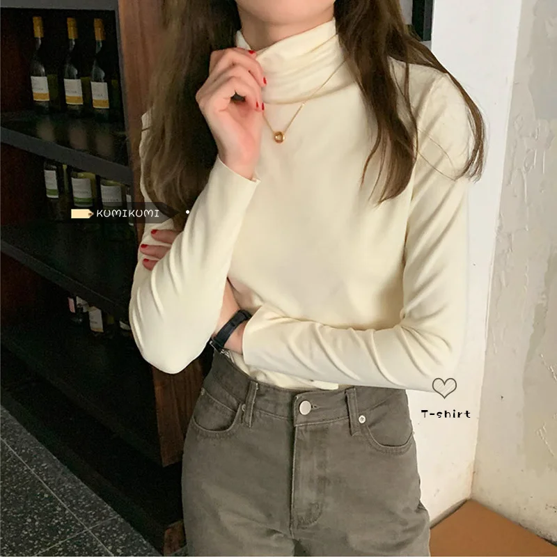 

Женская рубашка с высоким воротником, осенне-зимняя облегающая футболка с длинным рукавом, ярких цветов