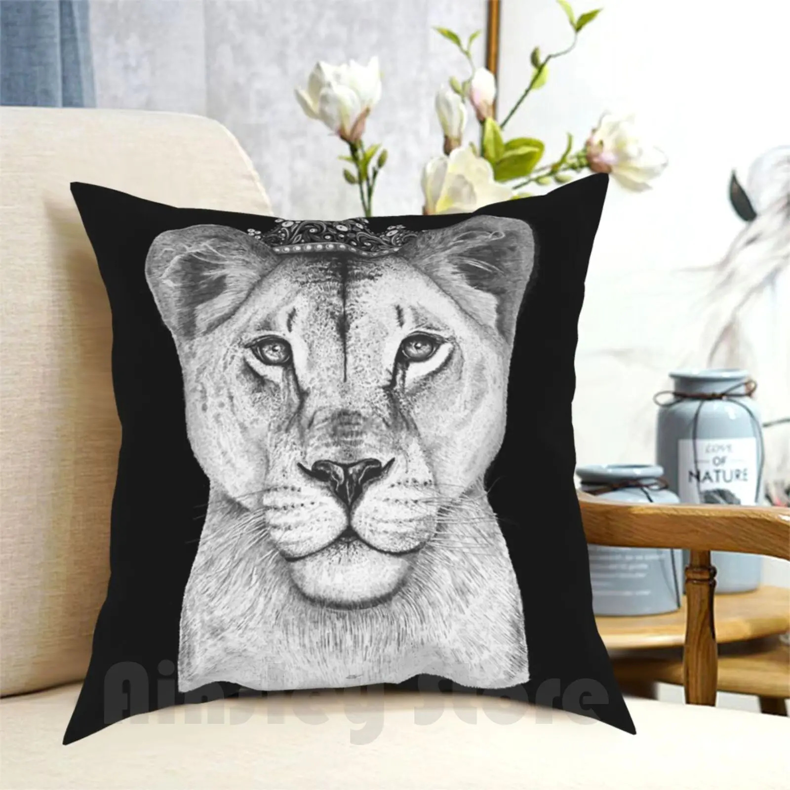 

The Queen On Black Pillow Case Printed Home Soft DIY Pillow cover Cat Cats Lioness Lion Animal Animals Nature Wild Pride