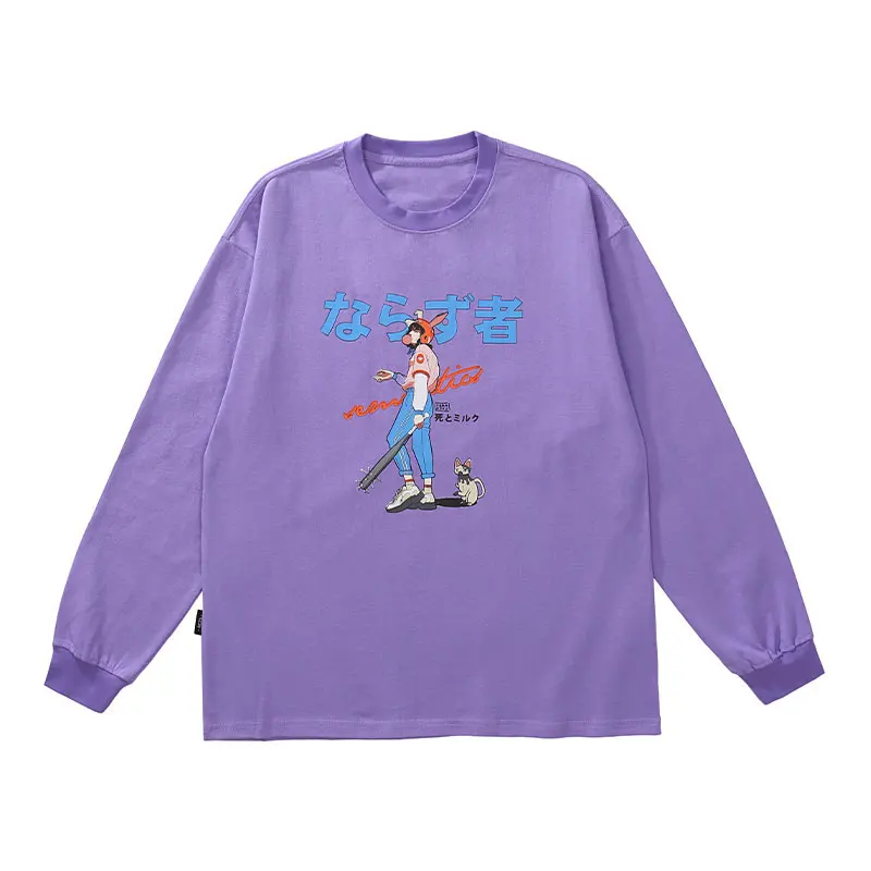 

Tshirts Japanese Cartoon Anime Girl Cat Print Long Sleeve Tees Shirts Cotton Casual Tops