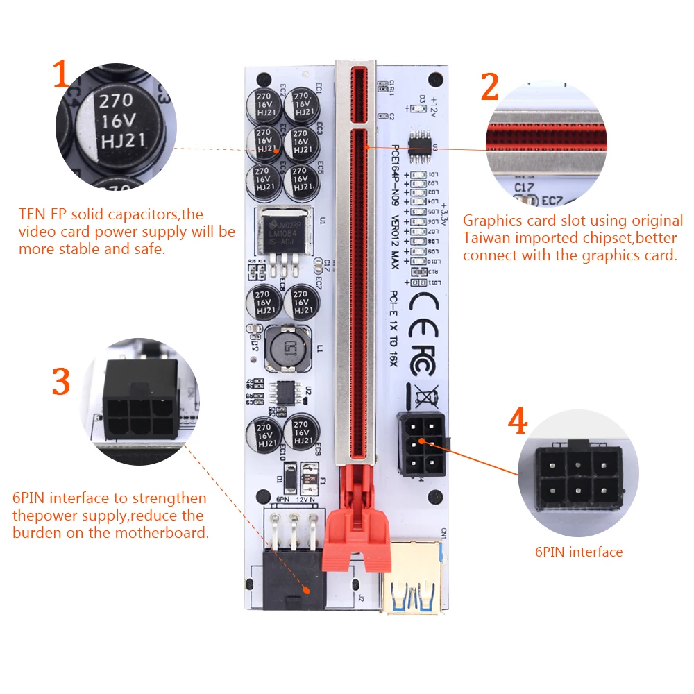 10pcs TISHRIC PCI-E Riser 010 012 Max PCIE PCI E Express Card GPU 1X to X16 USB 6pin Extender Cable Mining For Video - купить по