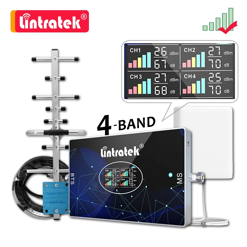 

Lintratek Four Band Cellular Amplifier B20 800 900 1800 2100 2600 LTE GSM 2G 3G 4G Signal Booster B28 700 850MHZ Repeater Kit