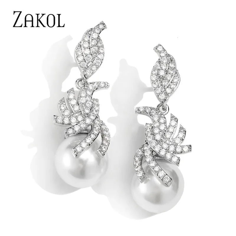 

ZAKOL Ladies Noble Imitation Pearls Design Elegant Geometry Crystal Zirconia Drop Earrings for Women Wedding Jewelry EP2570