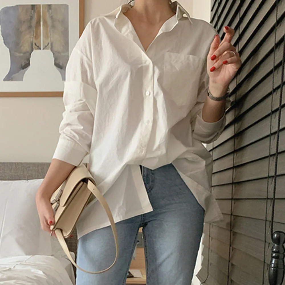 

Chic Blouse All-match Loose Long-sleeved Shirt Casual Tops Women Lapel Straight Backless Blouses Korean Style Simple Shirts