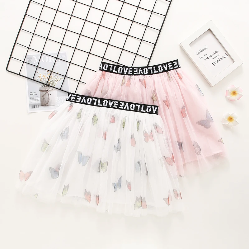 New Girls Summer Pink White Butterfly Print Mesh Pleated Tulle Kids Tutu Princess Fashion Skirt