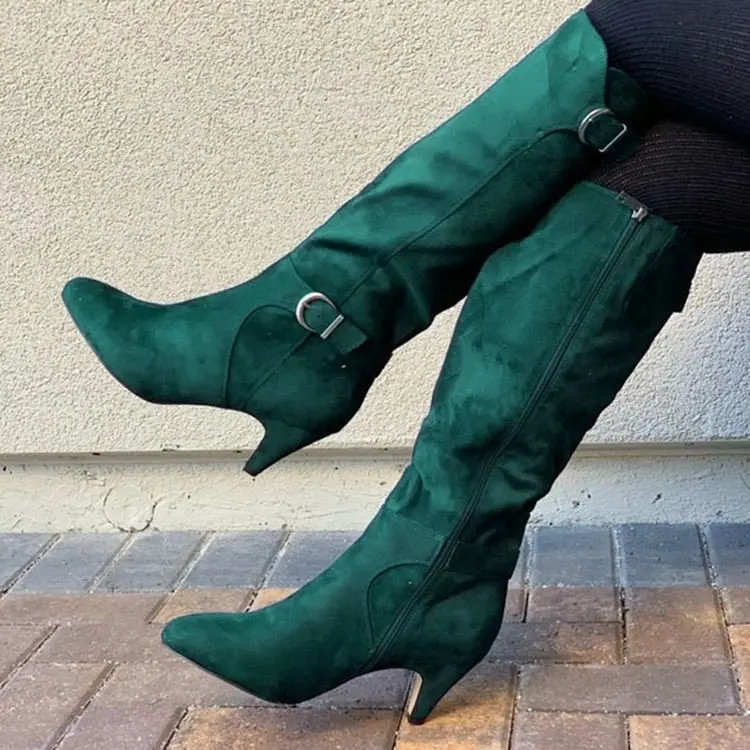 

2021 Winter Women's Boots Pointed Toe Stiletto Belt Buckle Motorcycle Rider Boots Plus Velvet Mid-tube Cotton Boots