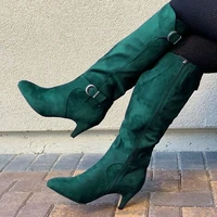 2021 winter womens boots pointed toe stiletto belt buckle motorcycle rider boots plus velvet mid tube cotton boots