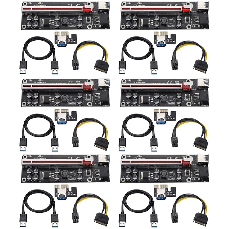 

Райзер-карта VER009S Plus PCI-E, адаптер 1X-16X с кабелем USB 3,0 SATA на 6-контактный кабель питания для майнинга, 6 шт.