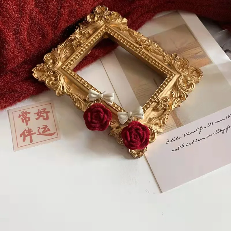 

925 Silver Needle Christmas Earrings Retro Fashion Cute Bell Bow Red Rose Flocking Pendant Earrings Girl Jewelry New Year Gift