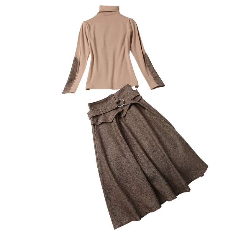 

Women Autumn Winter High Waist Blazer Skirt Suit Sashes High Waist Skirts Turtlenck T-shirts Vintage Two Piece Set Khaki