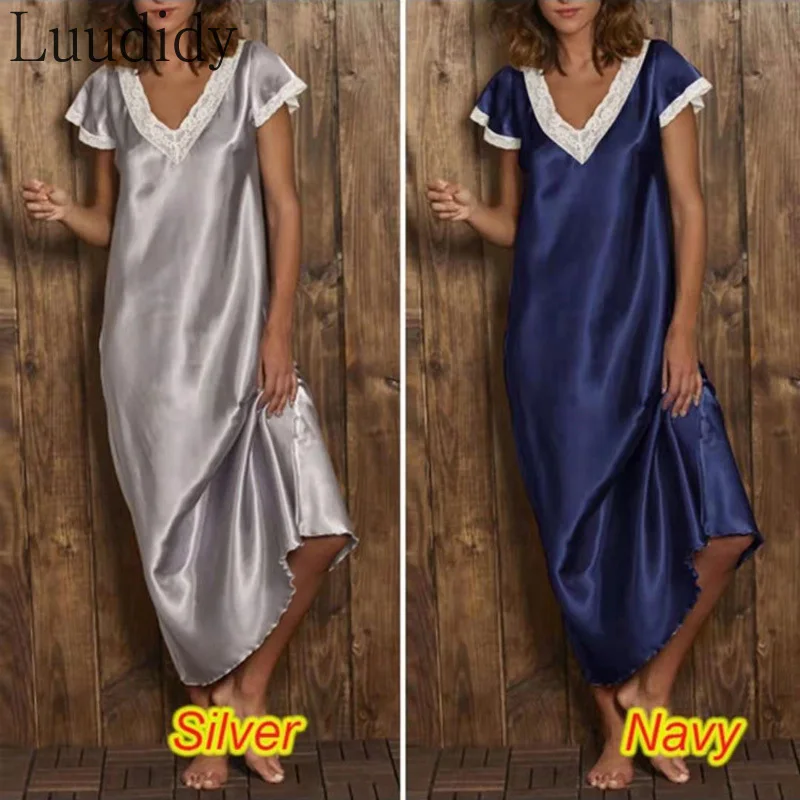

Women Solid Color Casual Lace V-Neck Satin Loose Straight Long Dress Short Sleeve Homedress