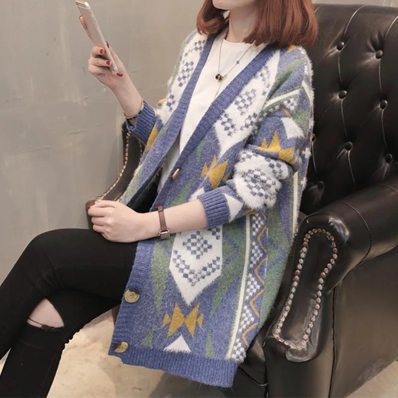 Женские свитера с этническим принтом сезон осень Новинка Женский вязаный свитер