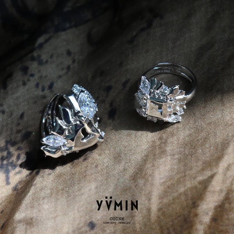 

YVMIN YVMIN Ripple Series Melting Square Heart-Shaped Gemstone Ring 925 Silver Hollow Design Wide Ring